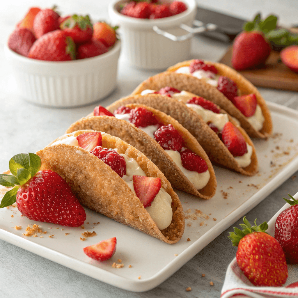Plate of multiple strawberry cheesecake tacos with strawberry topping.
