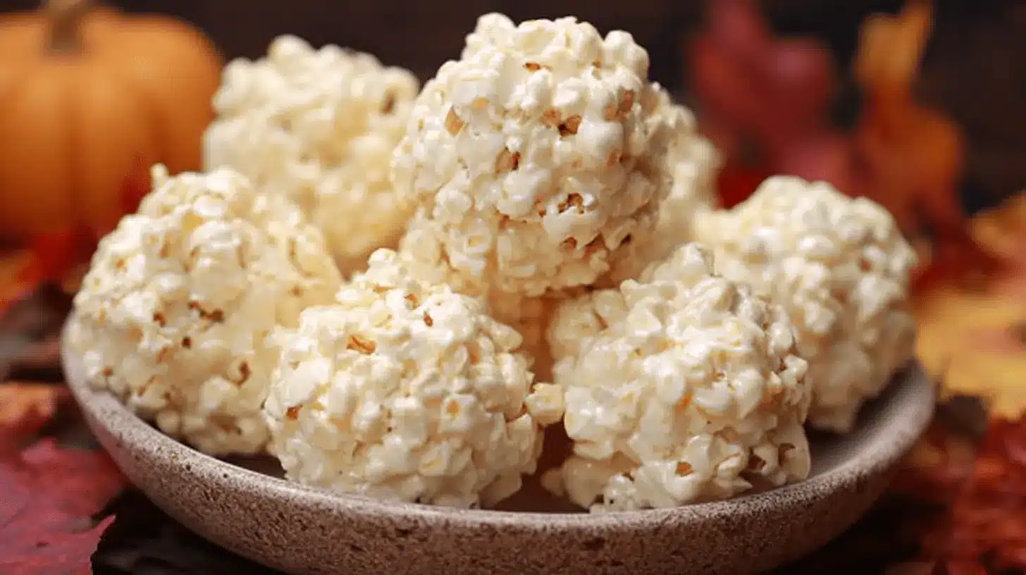 3-Ingredient Soft Chewy Marshmallow Popcorn Balls Recipe 3 Creamy autumn popcorn balls piled high in a rustic bowl with a blurred background of a pumpkin and fall leaves, perfect for a popcorn balls recipe.