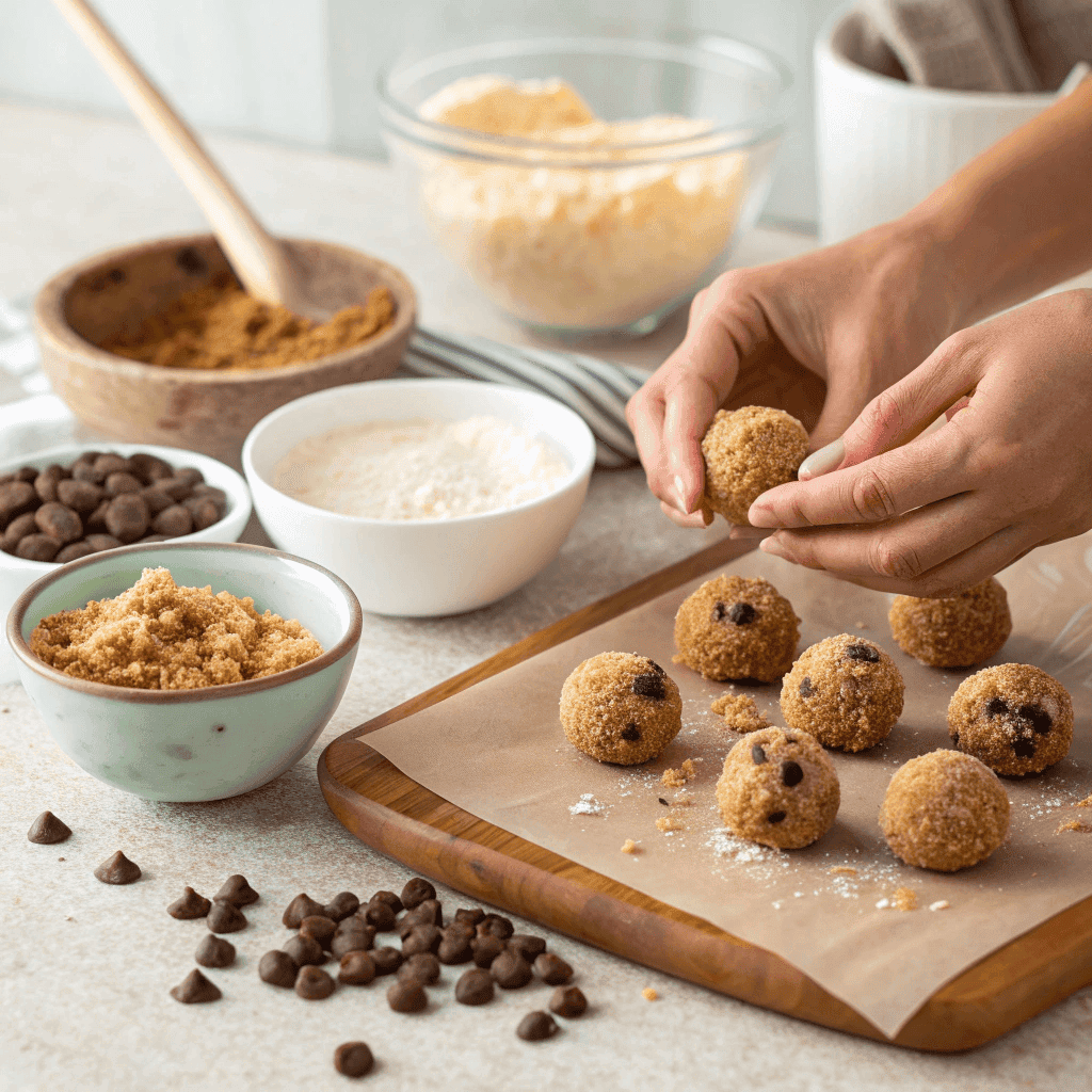 Hands rolling moose farts mixture into dessert balls with ingredients in bowls behind.