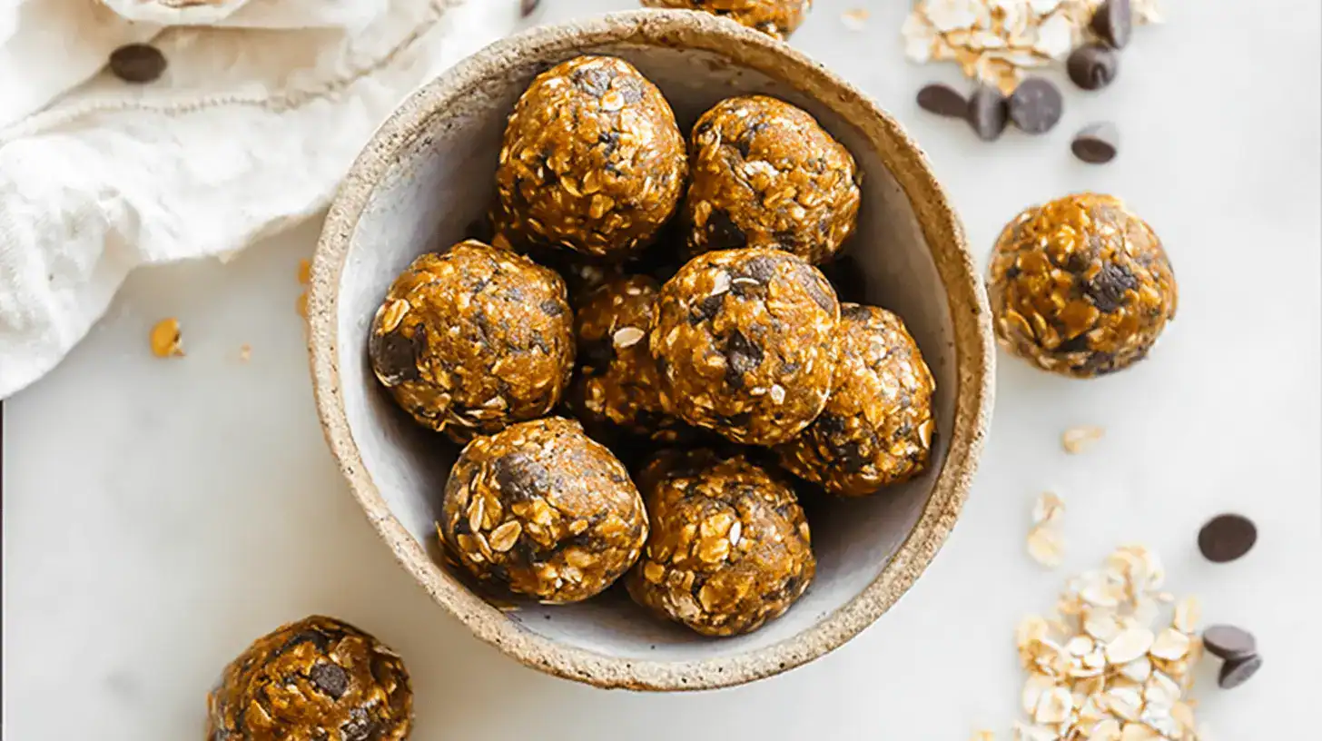 Vibrant overhead view of homemade pumpkin protein balls in a rustic bowl, surrounded by oats and chocolate chips on a light surface.