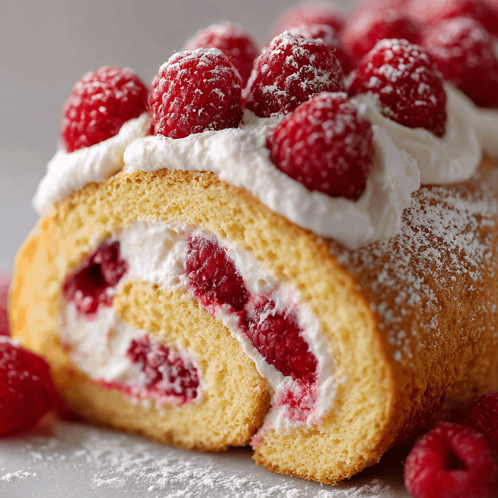 Close-up raspberry Swiss roll cake with whipped cream and fresh raspberries on top.