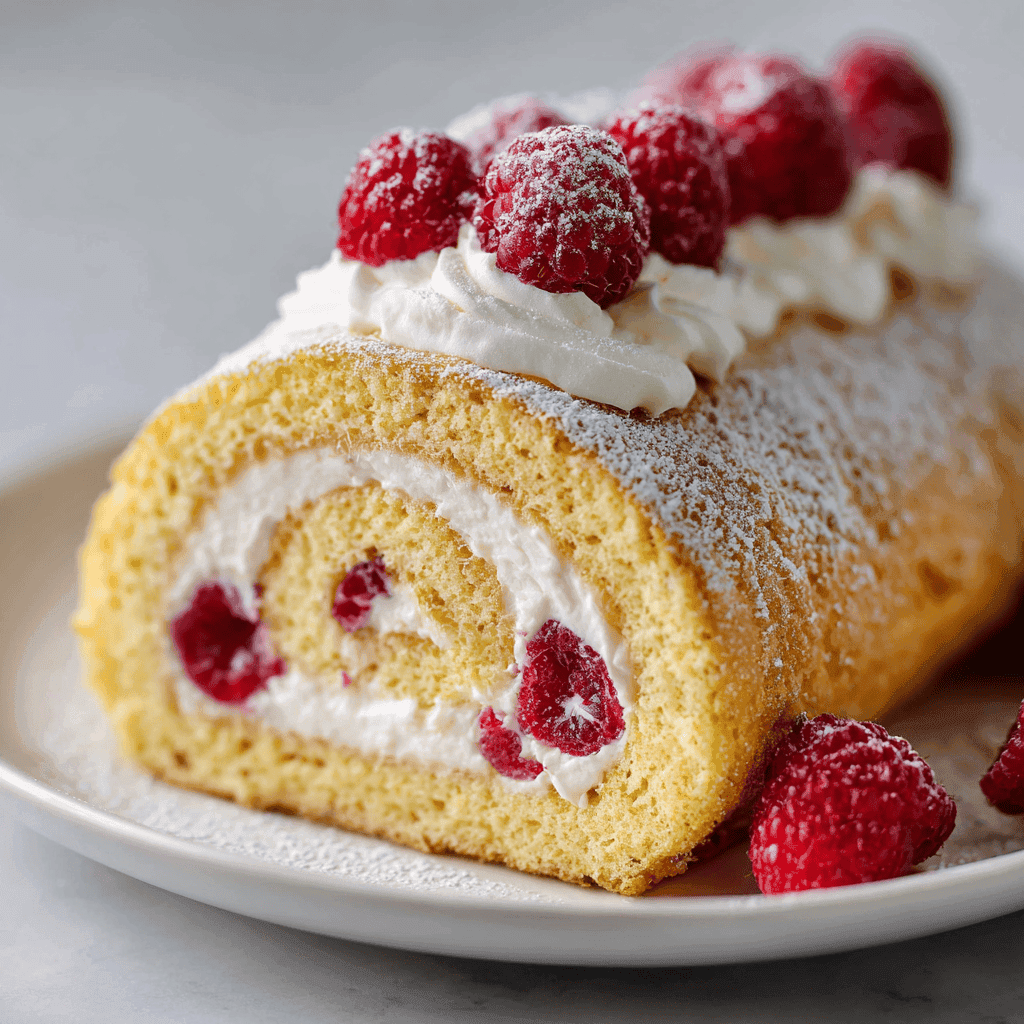 Slice of raspberry Swiss roll cake with raspberry swirl and whipped cream served on white plate.
