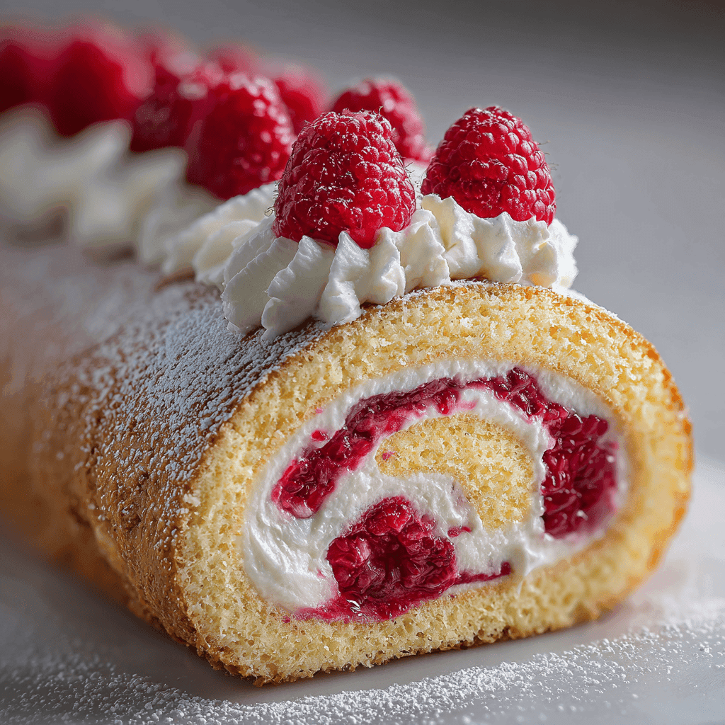 Perfectly rolled raspberry Swiss roll cake with creamy filling and fresh raspberries.