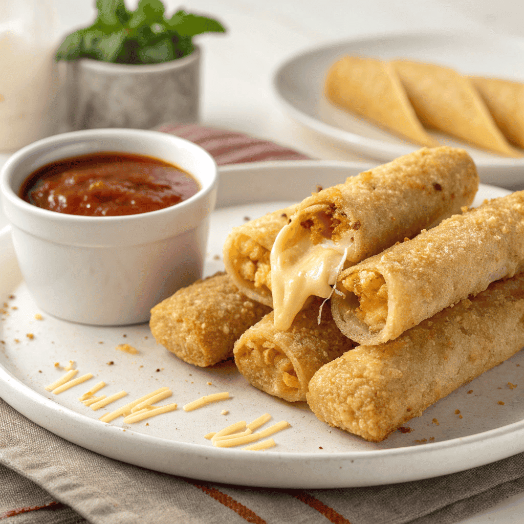 Cheesy Taco Sticks: Easy Recipe for a Crowd-Pleasing Snack 3 Realistic photo of cheesy taco sticks with marinara sauce on a plate.