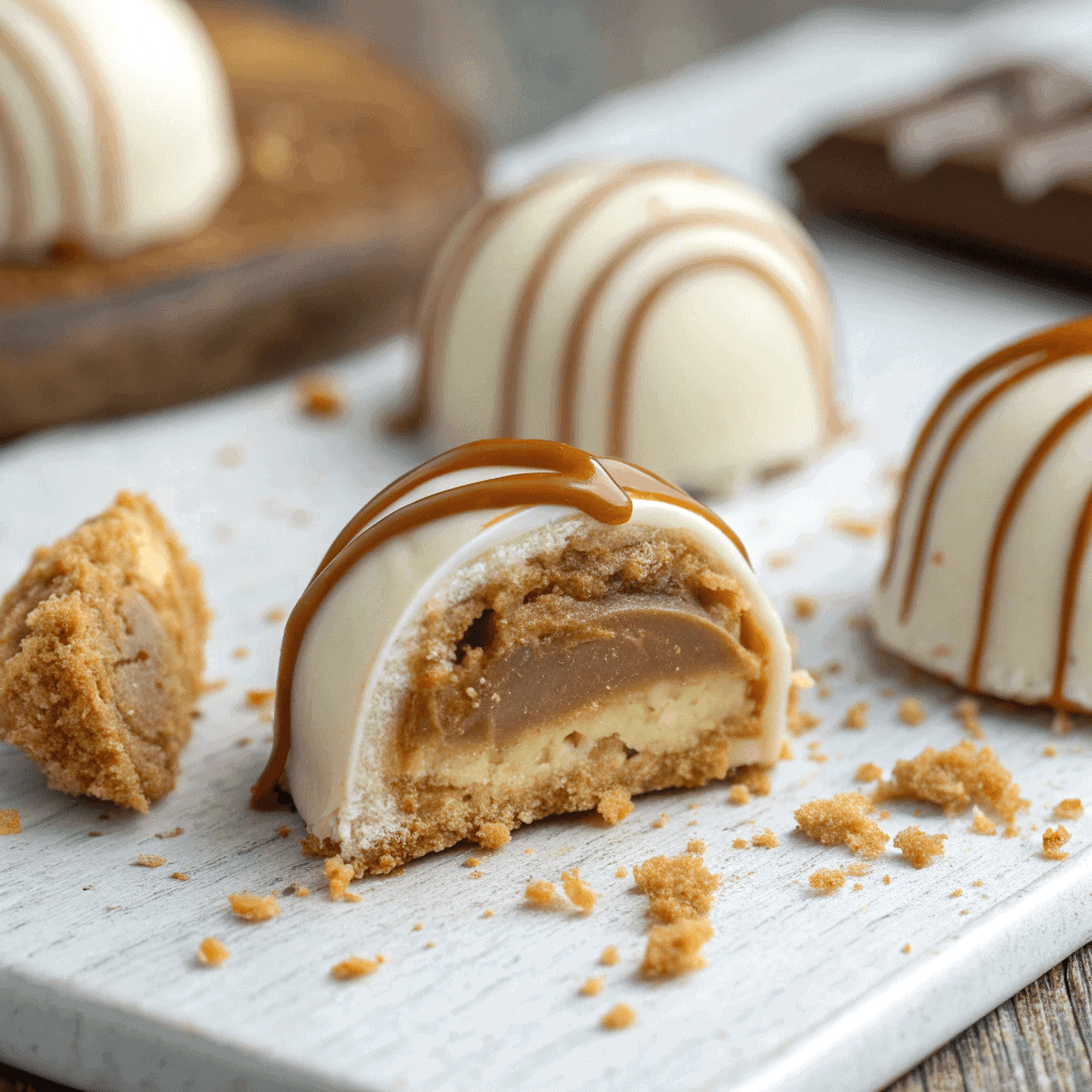 Easy No-Bake Biscoff Truffles Recipe 1 Close-up bitten Biscoff truffle showing the soft cookie filling inside a white chocolate coating.