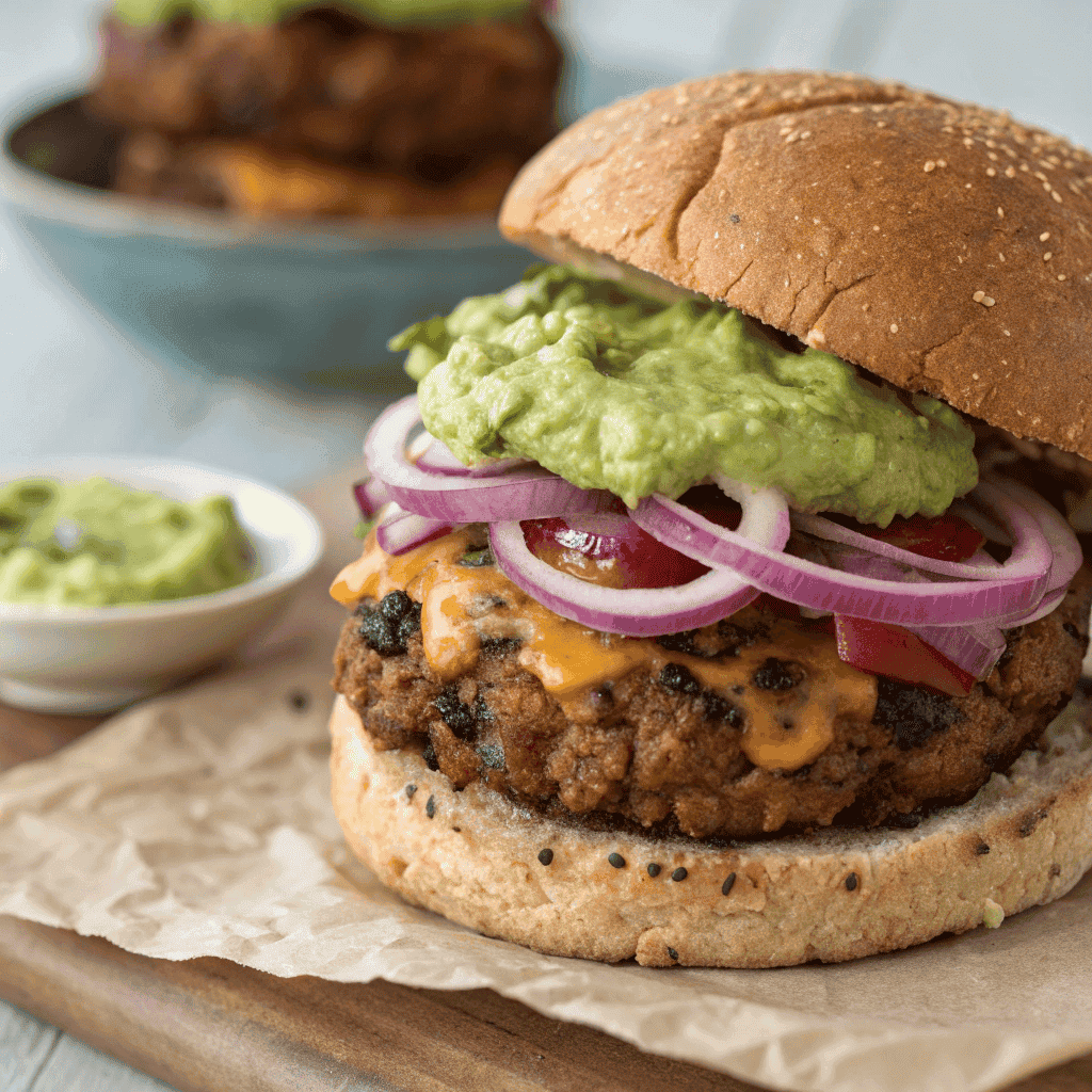 Close-up of a black bean burger with guacamole, cheese, and red onion on a whole-wheat bun.