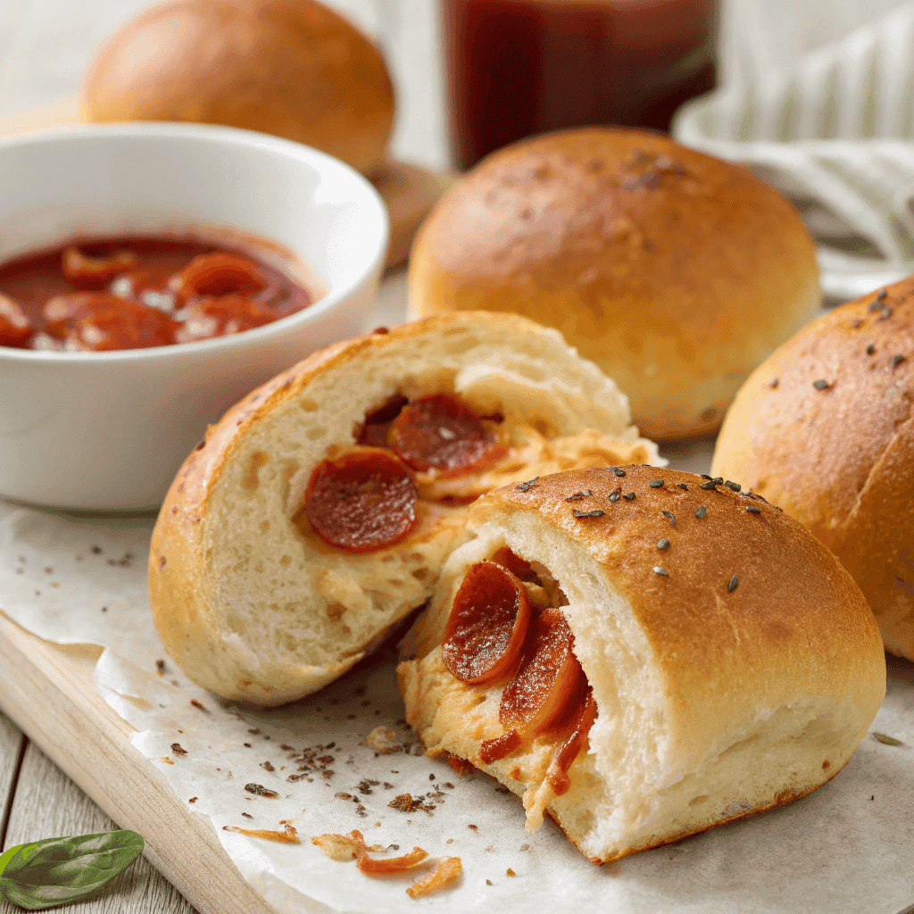 Easy Homemade Pepperoni Rolls 2 Close-up of pepperoni rolls with melted cheese and pepperoni inside.