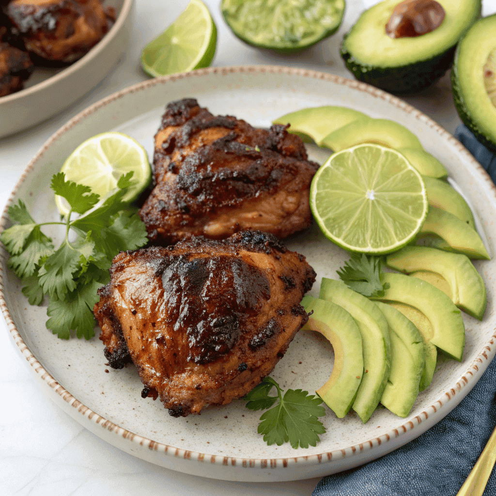 Zesty Chipotle Lime Chicken: A Sweet and Spicy Grilled Masterpiece 1 Full plate of chipotle lime chicken with avocado and lime.
