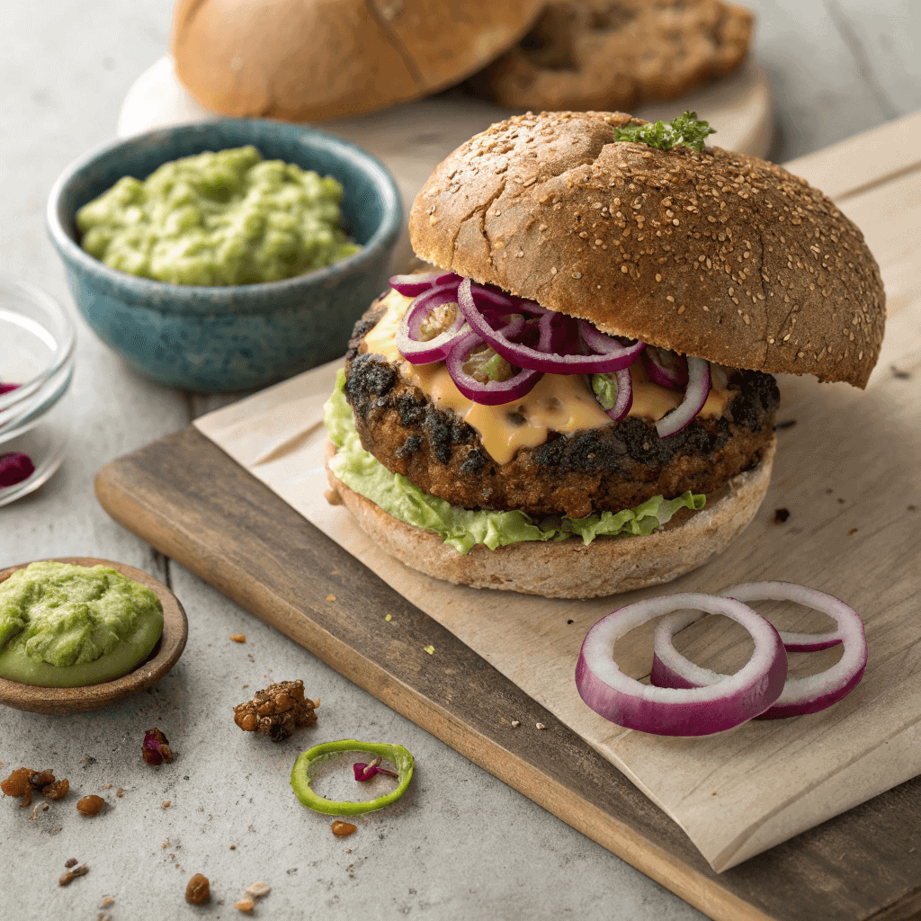 Overhead shot of a black bean burger with cheese, guacamole, and red onion.