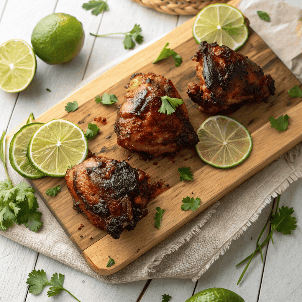 Zesty Chipotle Lime Chicken: A Sweet and Spicy Grilled Masterpiece 3 Chipotle lime chicken on a wooden board with lime and cilantro.