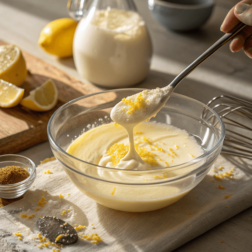 A bowl of melted white chocolate being mixed with lemon zest.