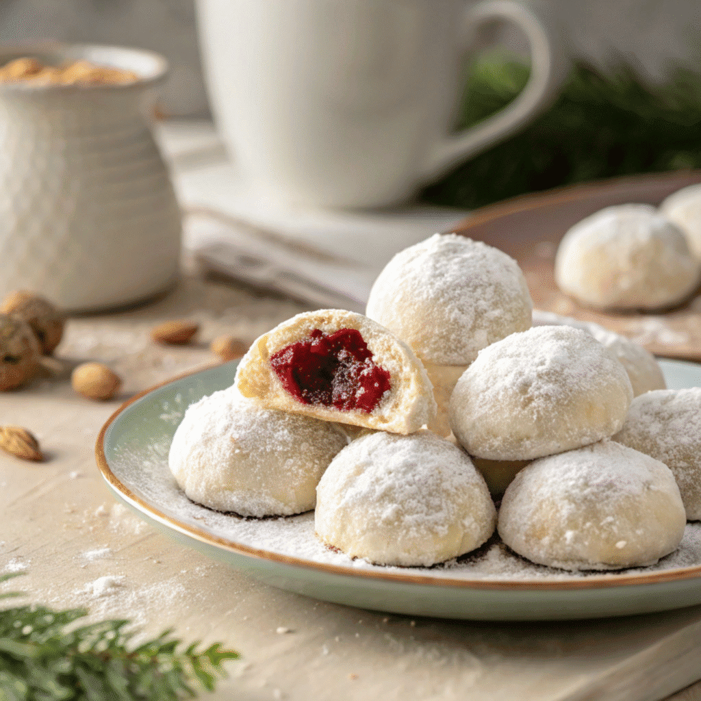 Stack of powdered almond snowball cookies with one opened to show red jam filling, styled like the reference photo.