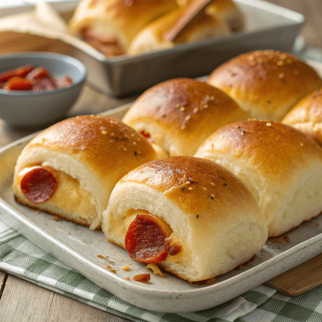 Easy Homemade Pepperoni Rolls 3 Plate of golden pepperoni rolls with cheese and pepperoni inside.