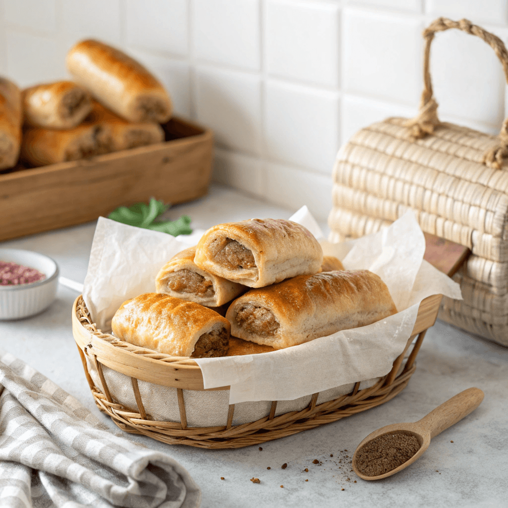 Sausage rolls stacked in a parchment-lined basket.