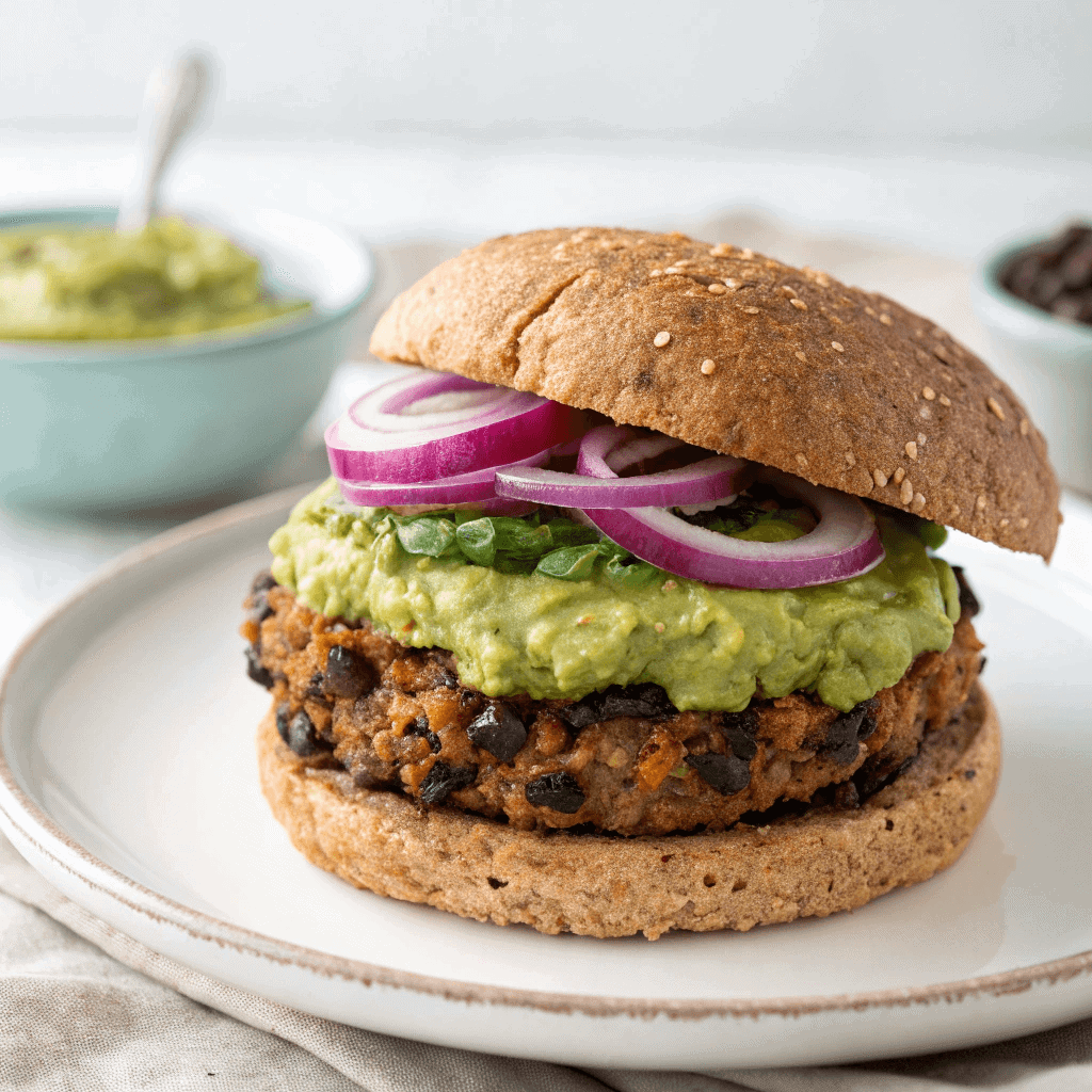 Black bean burger with guacamole and cheese served on a white plate.