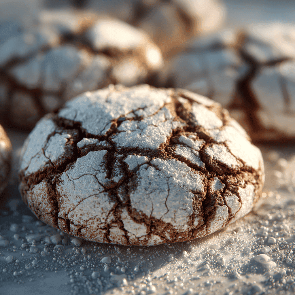 lose-up of a chocolate peppermint crinkle cookie showing powdered sugar and cracked chocolate surface.