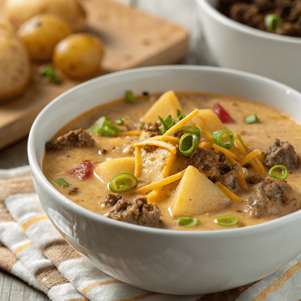 Award-Winning Cheeseburger Soup: The Ultimate Comfort Food 3 Close-up of creamy cheeseburger soup with potatoes, ground beef, cheddar cheese, and green onions in a white bowl.