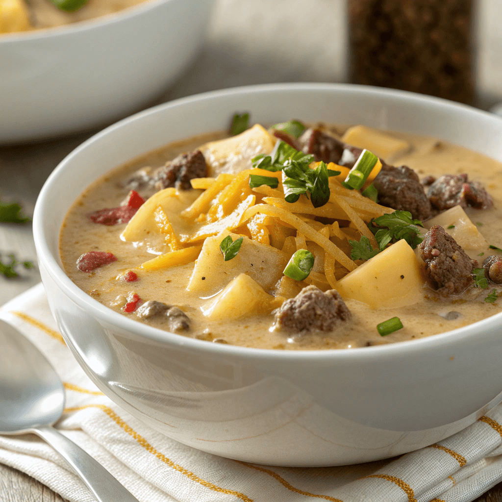 Award-Winning Cheeseburger Soup: The Ultimate Comfort Food 1 Close-up rustic-style cheeseburger soup showcasing creamy broth and hearty potatoes and beef.
