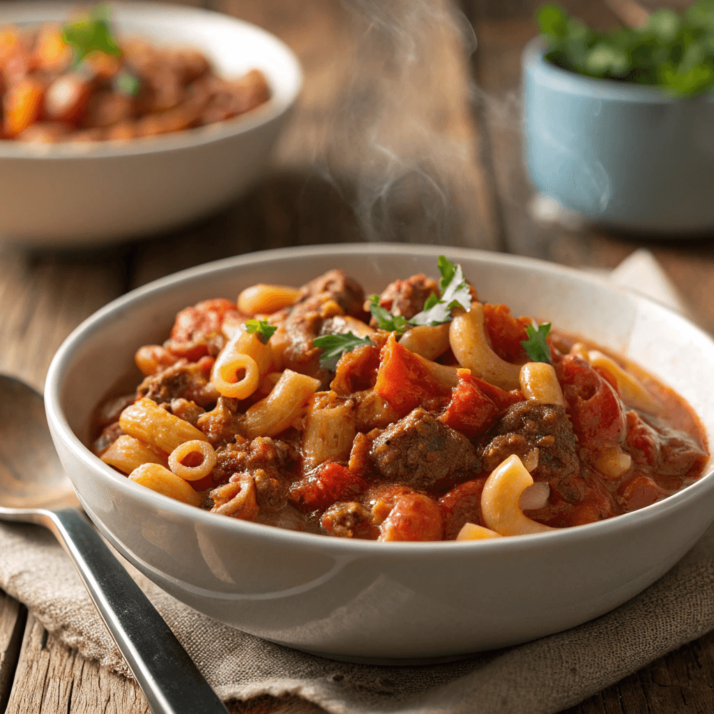 The Best One-Pot American Goulash Recipe 4 Close-up view of rich American goulash with elbow macaroni, ground beef, and tomato sauce.