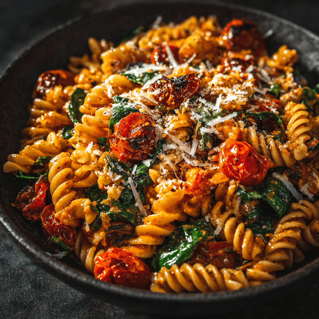 Roasted Tomato and Bell Pepper Pasta: Your Favorite Weeknight Meal 4 Close-up bowl of fusilli pasta with roasted tomatoes, bell pepper sauce, spinach, and parmesan.