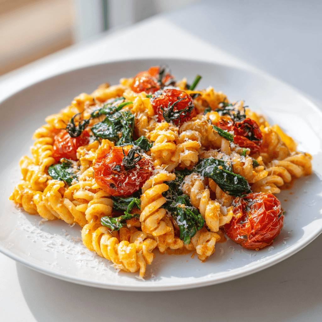 Roasted Tomato and Bell Pepper Pasta: Your Favorite Weeknight Meal 2 Plated serving of fusilli pasta with roasted tomatoes, bell pepper sauce, and parmesan on a white plate.