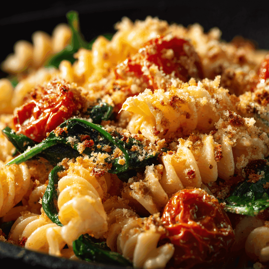 Roasted Tomato and Bell Pepper Pasta: Your Favorite Weeknight Meal 3 Close-up of pasta coated in roasted bell pepper sauce with blistered tomatoes, spinach, and parmesan.