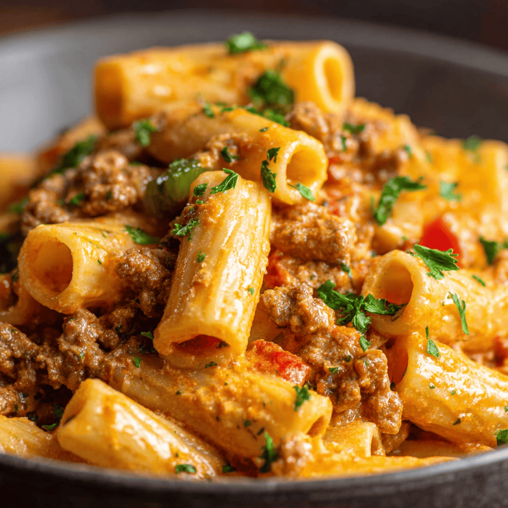 Close-up Rotel pasta with ground beef, rigatoni, creamy tomato Rotel sauce, and parsley.