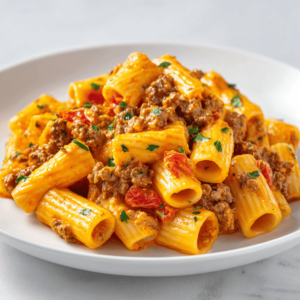 Creamy Rotel pasta with ground beef served neatly on a white plate with parsley.
