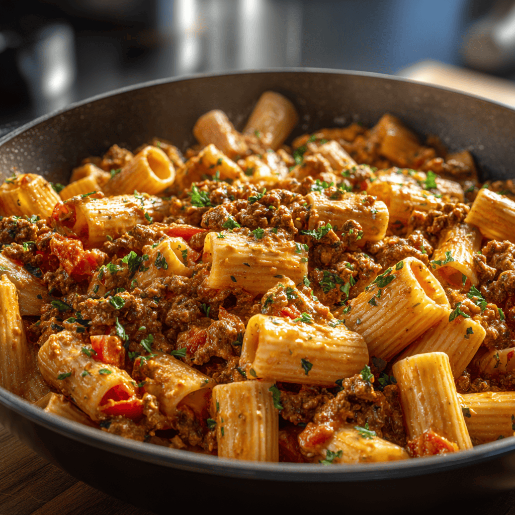 Perfectly cooked Rotel pasta with ground beef in creamy tomato and chili sauce.