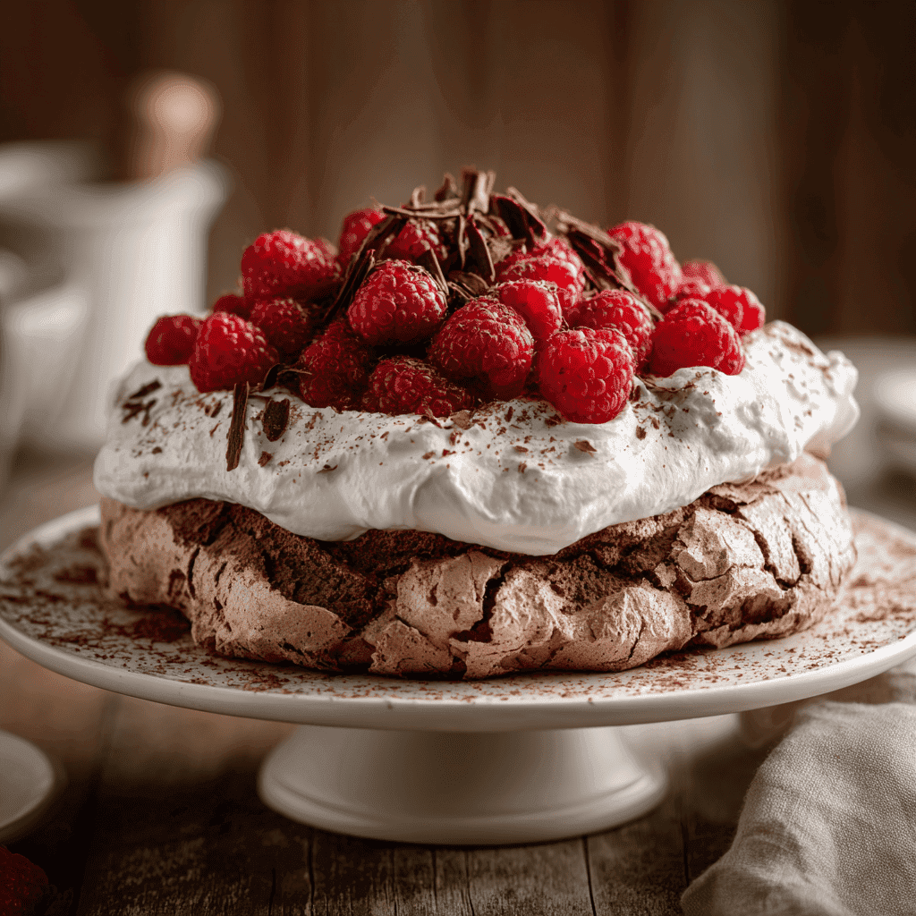 Chocolate pavlova topped with whipped cream and fresh raspberries on a cake stand with rustic soft lighting.