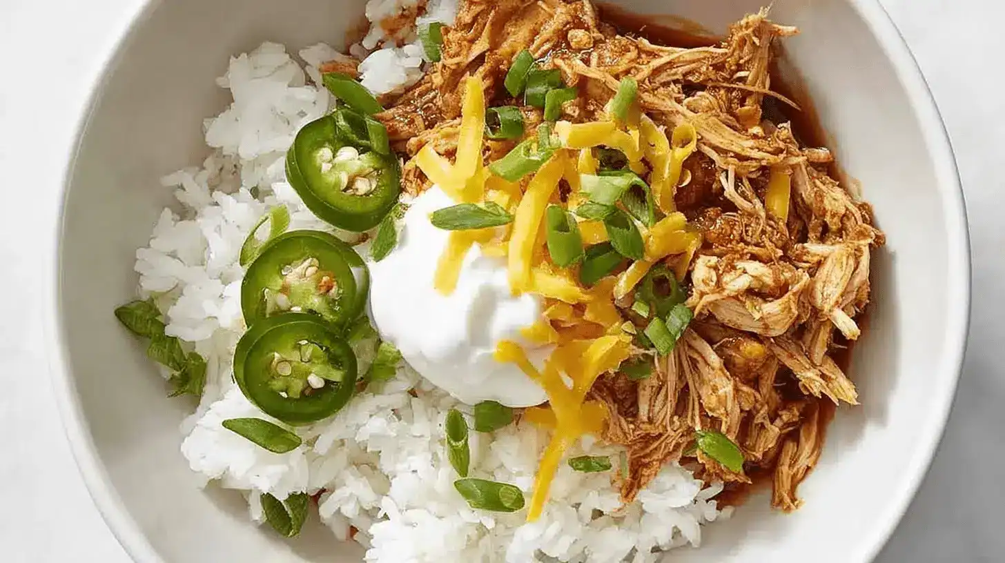 Easy & Versatile Salsa Chicken Crockpot Recipe 3 Overhead view of a delicious salsa chicken crockpot meal with rice, cheese, and fresh jalapeños.