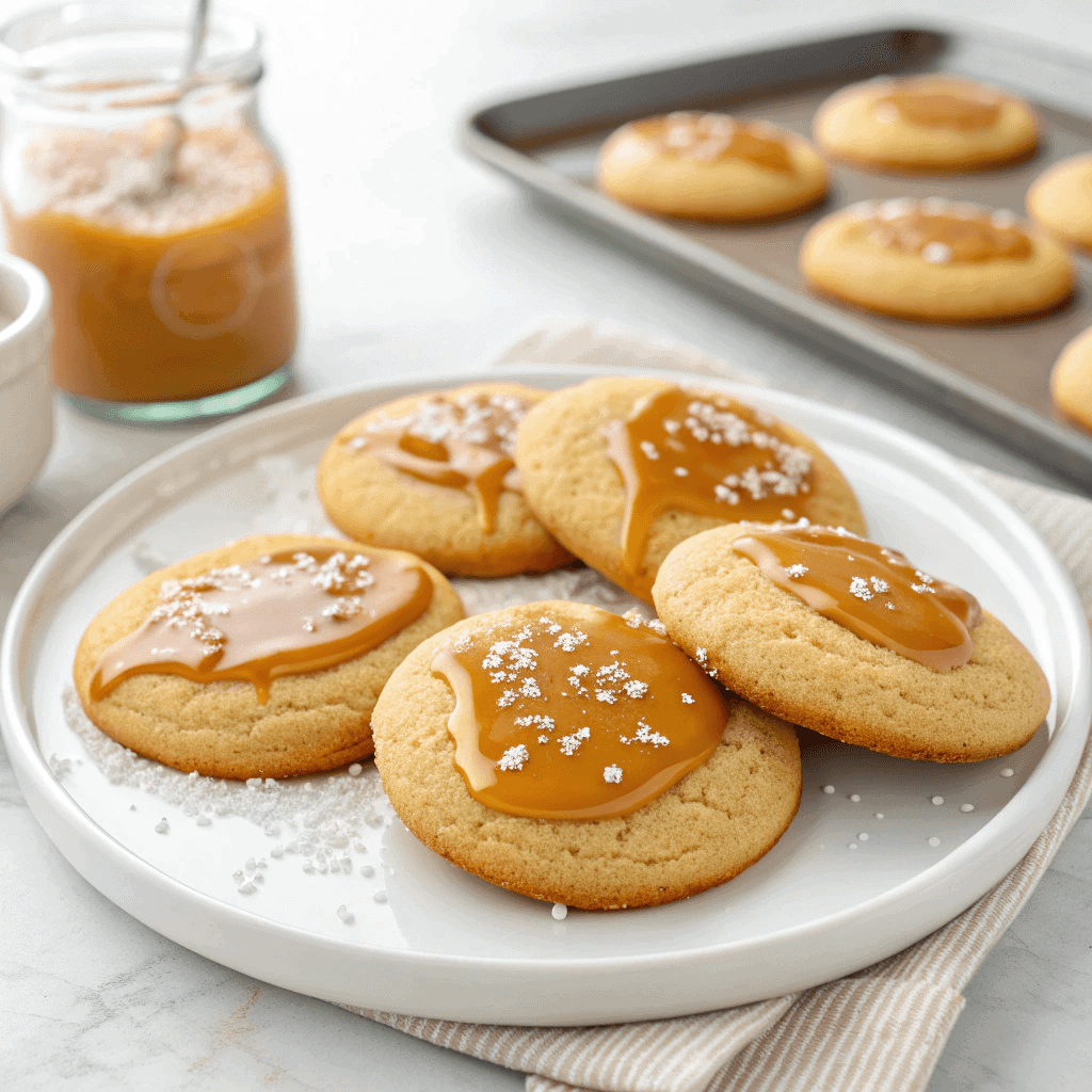 The Best Soft & Chewy Salted Caramel Cookies 2 Centered display of salted caramel cookies with caramel drizzle on a clean white plate.