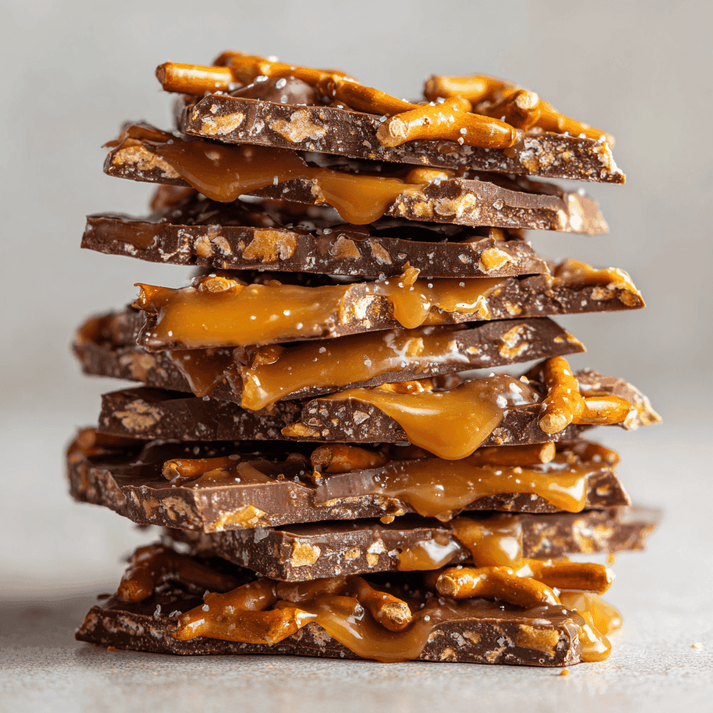 Stacked layers of Salted Caramel Pretzel Bark with chocolate, pretzels, and caramel dripping in sharp detail.