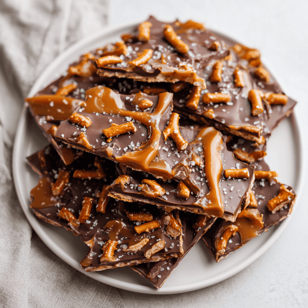 Salted Caramel Pretzel Bark pieces on a white plate showing pretzels, caramel, and chocolate layers clearly.