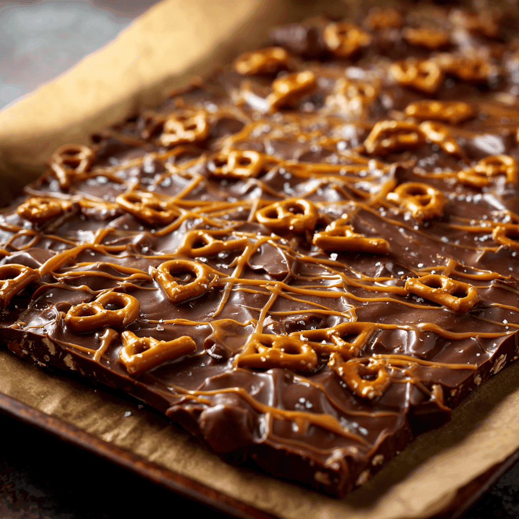 Whole slab of Salted Caramel Pretzel Bark on a baking sheet showing caramel drizzle and pretzel pieces.
