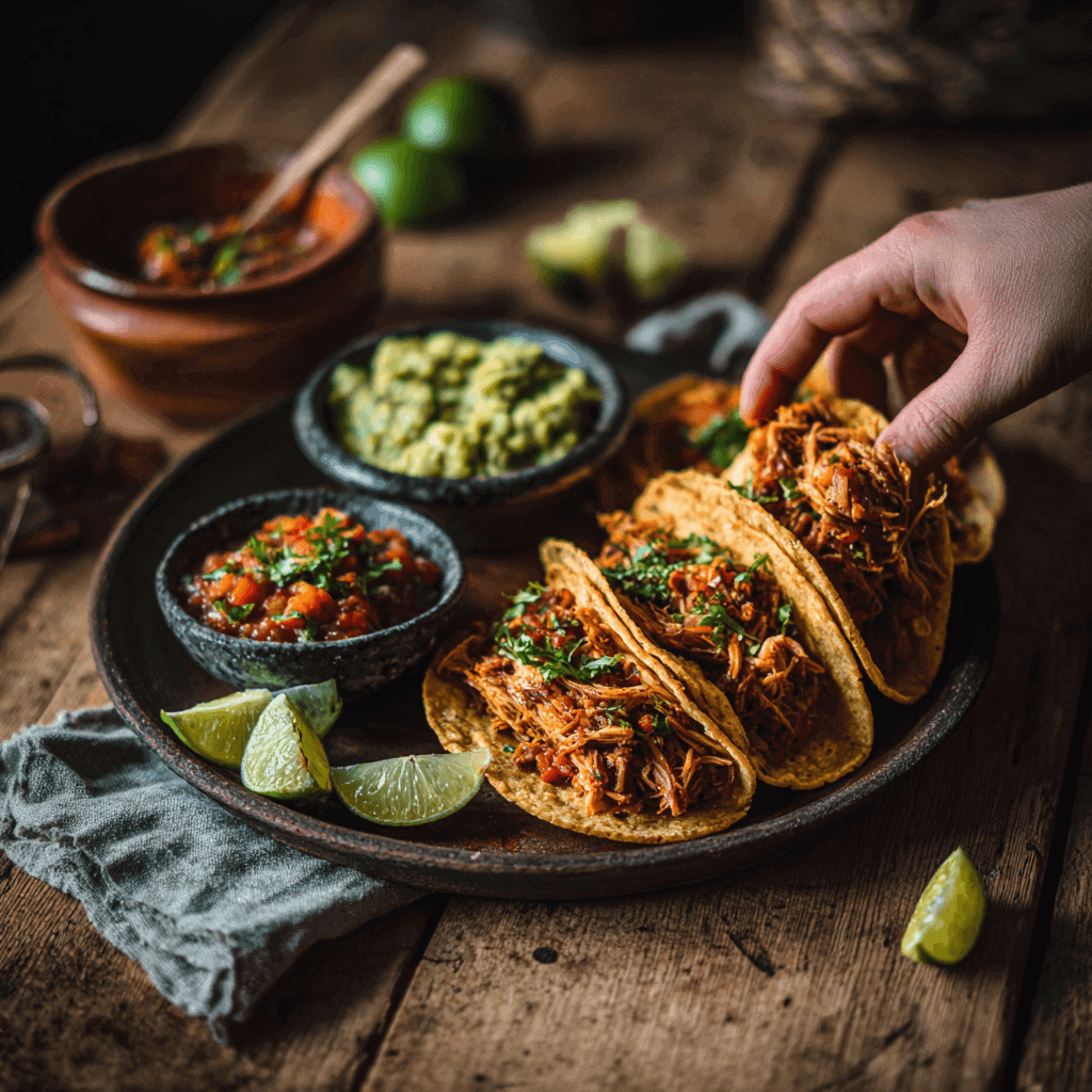 The Best Easy Slow Cooker Chicken Tacos 3 chef reaching for a slow cooker chicken taco served with guacamole and lime wedges on a rustic wooden table.