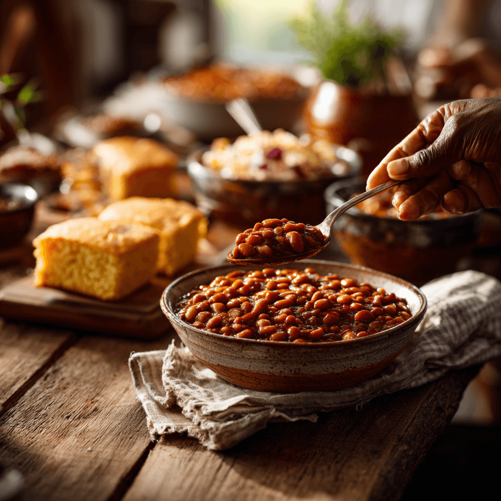 Hand scooping homemade baked beans from a rustic bowl on a wooden table with cornbread and coleslaw.