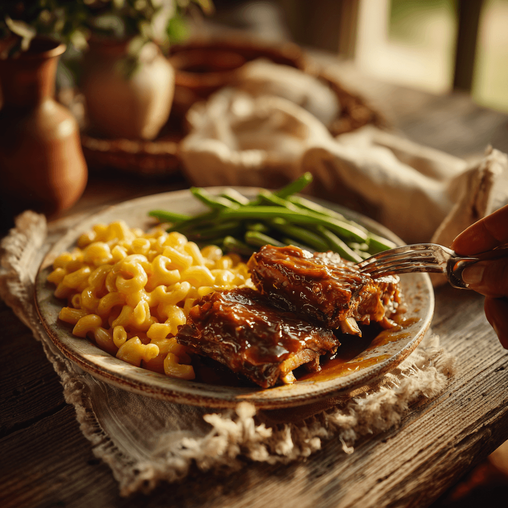 Chef about to enjoy slow cooker country style ribs with mac and cheese and green beans on a rustic table.