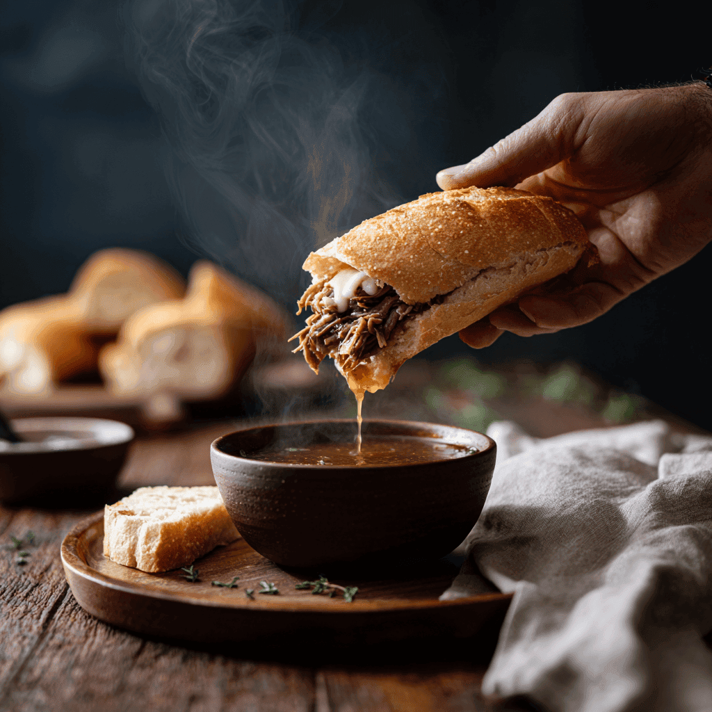 Hand dipping a French dip sandwich into a bowl of hot au jus on a rustic wooden table with warm lighting.