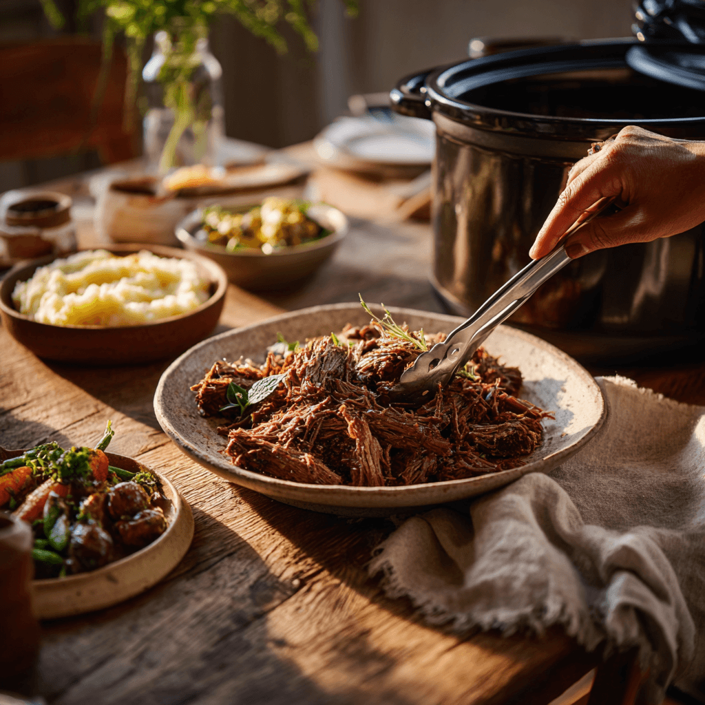 serving shredded beef from a bowl with sides of mashed potatoes and vegetables on a rustic table.