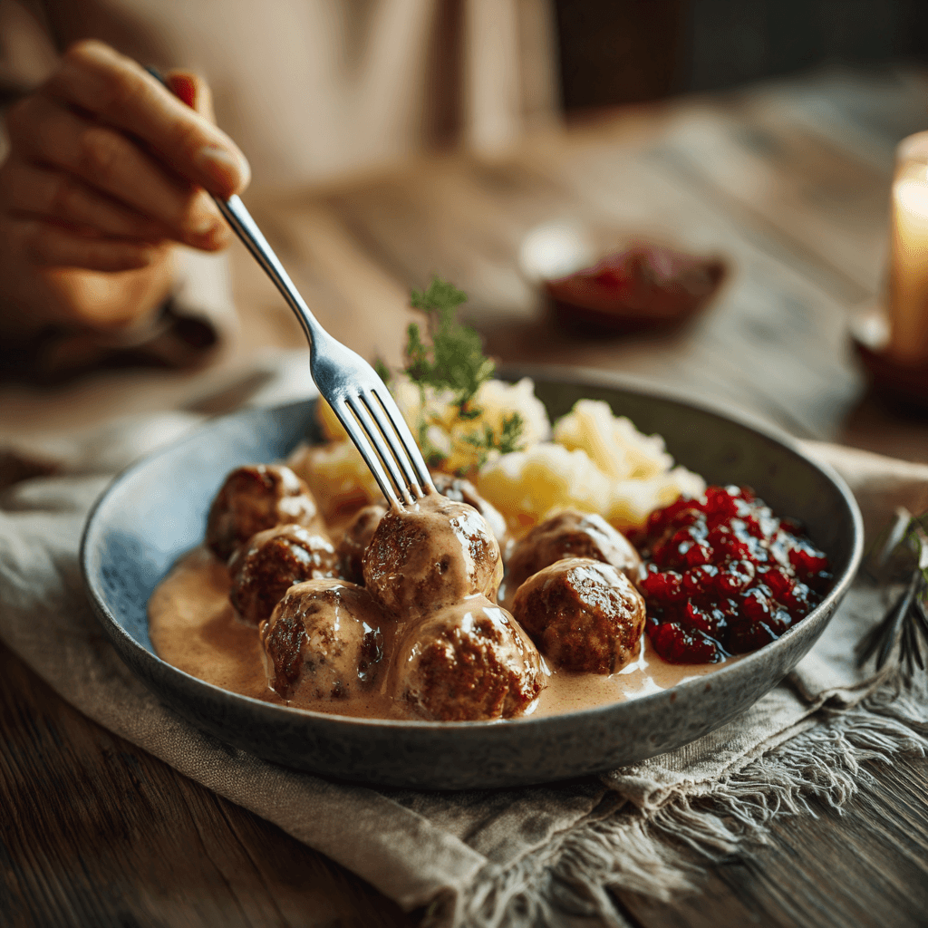 Chef about to enjoy Swedish meatballs with gravy, mashed potatoes, and lingonberry sauce on a rustic table.