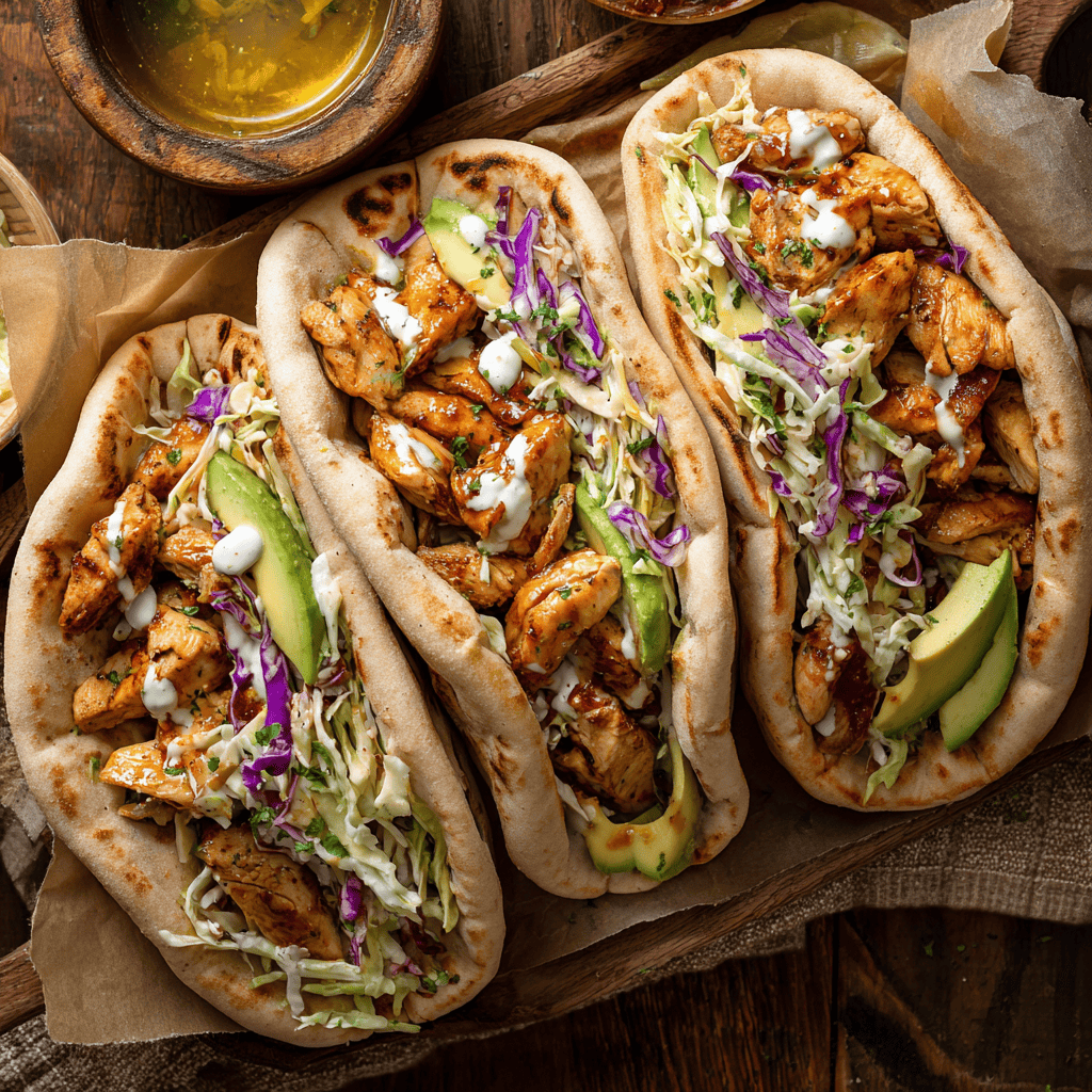 Close-up of stuffed chicken pitas filled with glazed chicken, herby ranch slaw, and avocado slices.