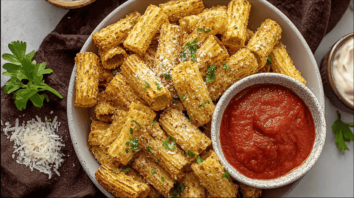 simple Air Fryer Pasta Chips taken with an old camera, overhead shot, crispy golden-brown pasta tubes, grated Parmesan, fresh green herbs, vibrant red marinara sauce, creamy off-white dip, dark brown linen, well-lit, savory snack.