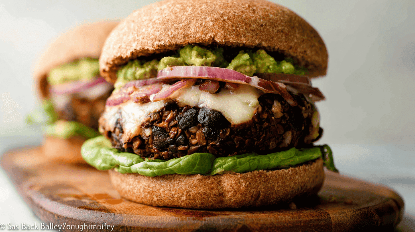 simple Black Bean Burgers taken with an old camera, close-up, eye-level, delicious, stacked, whole-wheat bun, crisp lettuce, thick dark patty, melted cheese, red onions, glossy sauce, chunky guacamole, rustic wooden board, soft blurred background, natural light, appetizing.