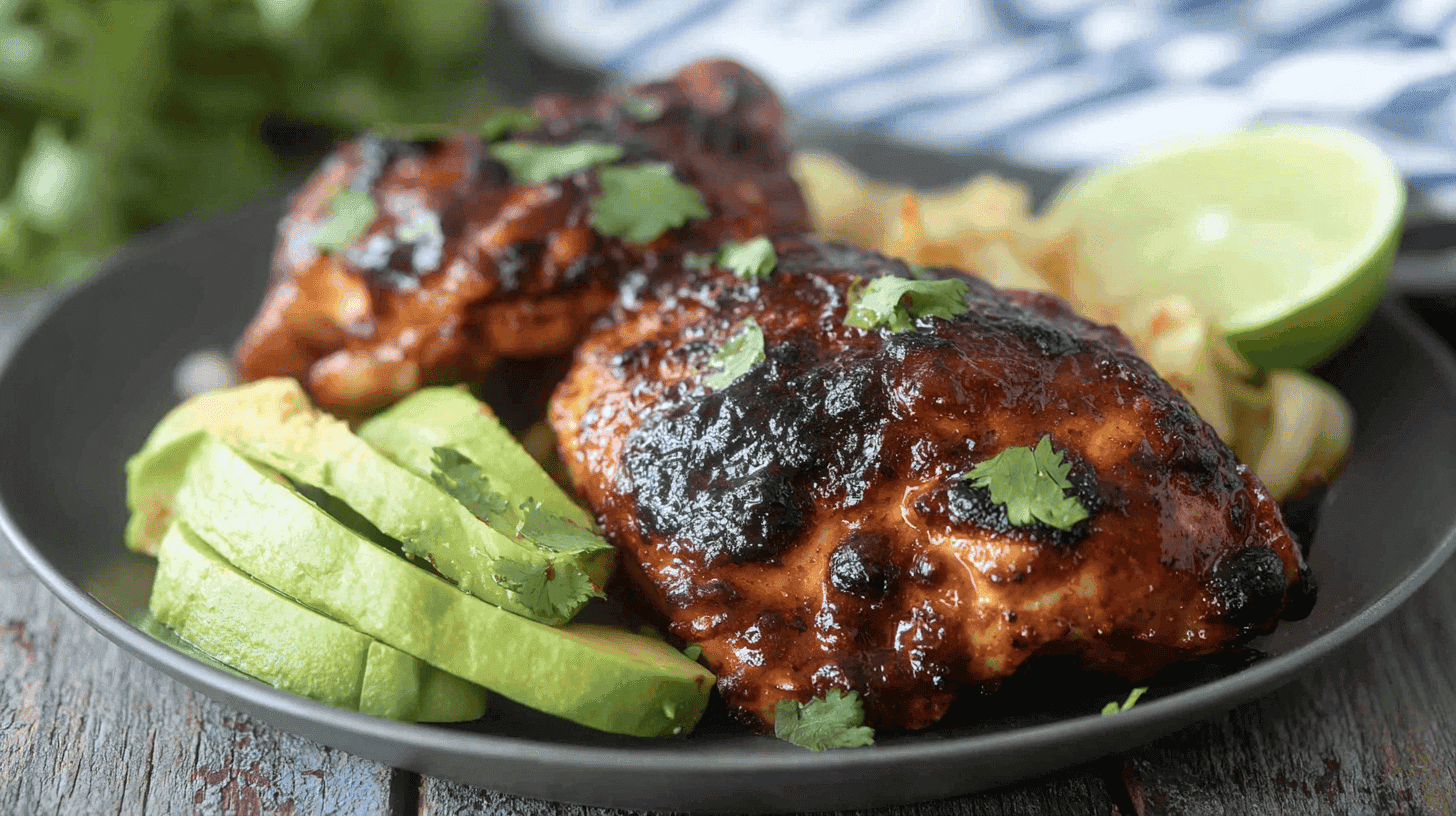 simple Chipotle Lime Chicken taken with an old camera, glazed chicken, caramelized skin, fresh cilantro, creamy avocado slices, zesty lime, dark grey matte plate, distressed wooden table, soft natural lighting, vibrant colors, appetizing presentation.