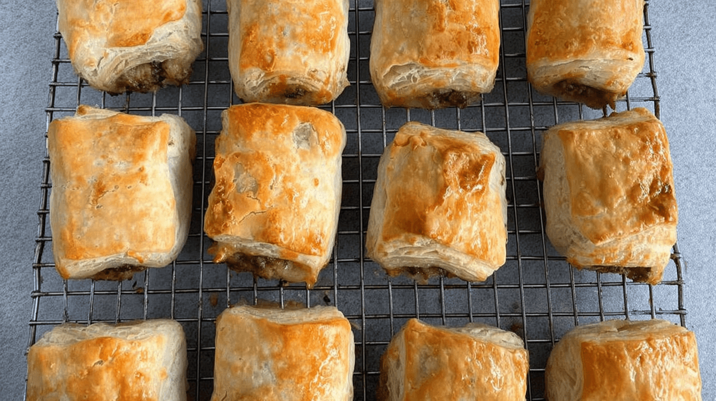 simple Mary Berry Sausage Rolls taken with an old camera, golden-brown pastries, freshly baked, rustic shapes, flaky layered texture, savory filling, dark metal cooling rack, light grey countertop, overhead perspective, soft even lighting.