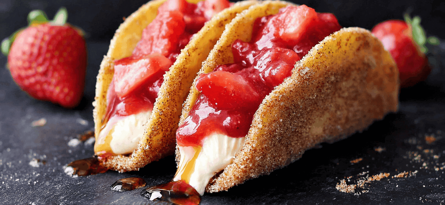 simple Strawberry Cheesecake Tacos taken with an old camera, golden-brown pastry shells, cinnamon sugar coating, creamy cheesecake filling, vibrant strawberry compote, fresh strawberry chunks, syrupy drips, soft bokeh background, dark matte surface, appetizing food photography.