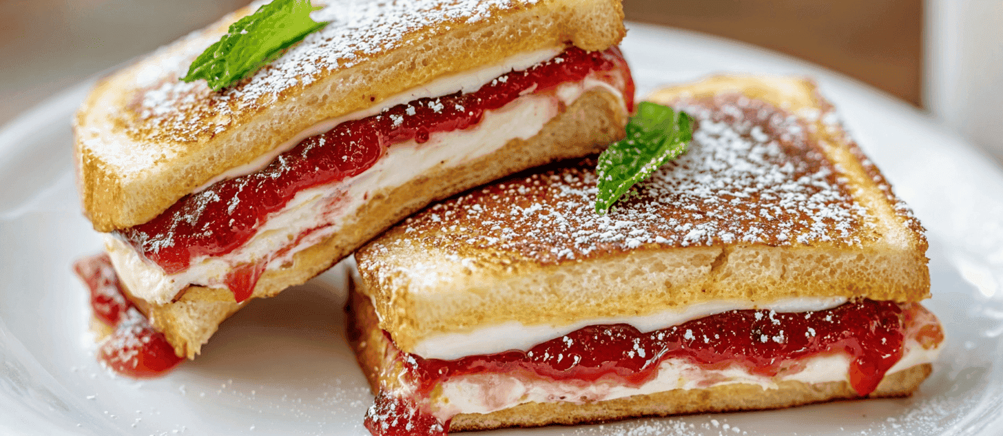 simple Strawberry Cheesecake Sandwiches taken with an old camera, two halves, stacked, cut diagonally, golden-brown bread, velvety cream cheese, luscious strawberry jam, powdered sugar, fresh mint, white ceramic plate, soft natural light, blurred background.