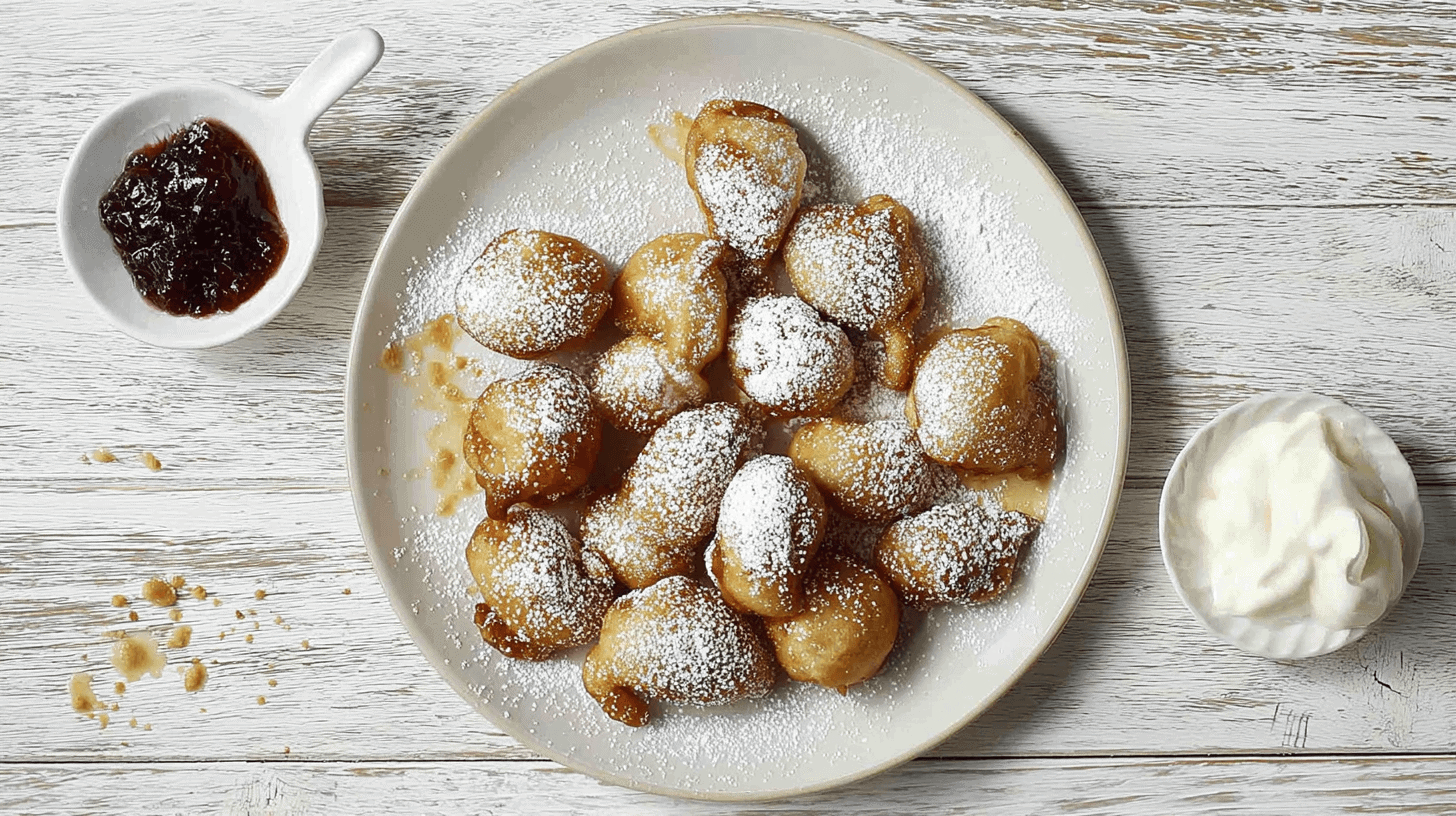 simple air fryer funnel cake bites taken with an old camera, overhead view, sweet dessert spread, rustic whitewashed wooden surface, golden-brown dough, powdered sugar, off-white ceramic plate, whipped cream, berry jam, soft overhead lighting.