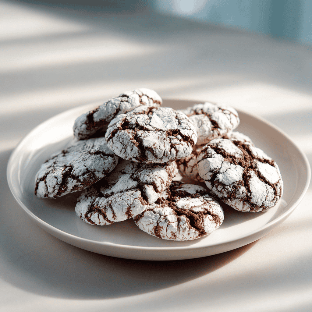 Chocolate peppermint crinkle cookies on a white plate with bright natural lighting and clean background.